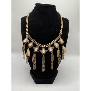 Vintage Gold Tone Teardrop Fringe Necklace – White Cabochon & Chain Tassel